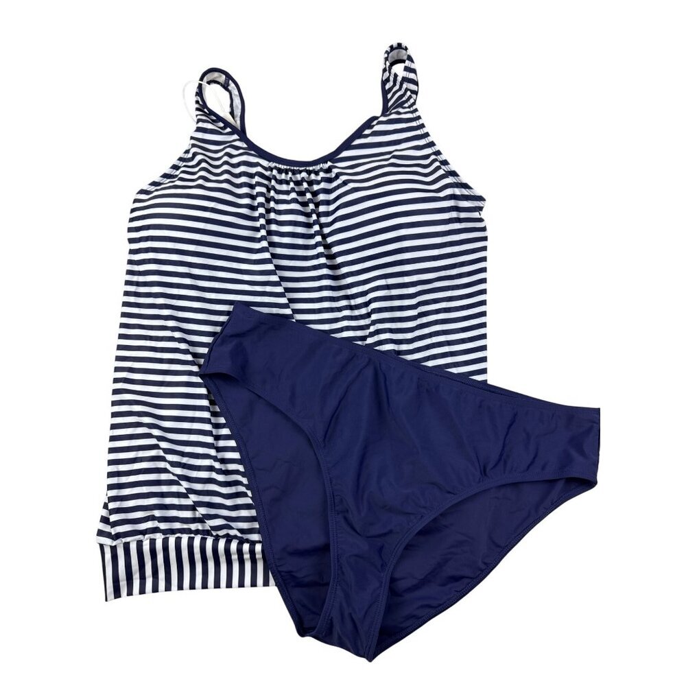 Bikinix Women's Swimsuit 2-piece Tank Top Blue Stripe Bikini Built In Bra 3XL 3X